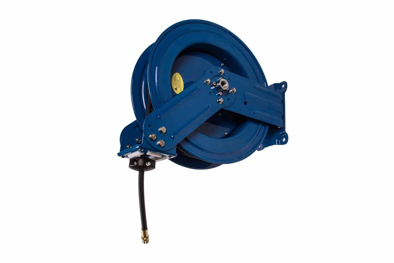 HOSE REEL,  3/8 X 75 FT, 1/2" INLET X 1/4" NPT OUTLET,  BLUE, DUAL ARM, ALL METAL, RAPIDAIR